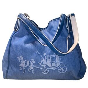 Coach Embossed Horse & Carriage Blue/White Denim Shoulder Tote 35344 Like New!